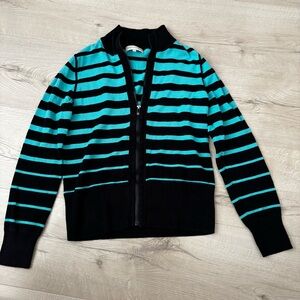 Jones New York Black and Teal Striped Preppy Style  Sweater